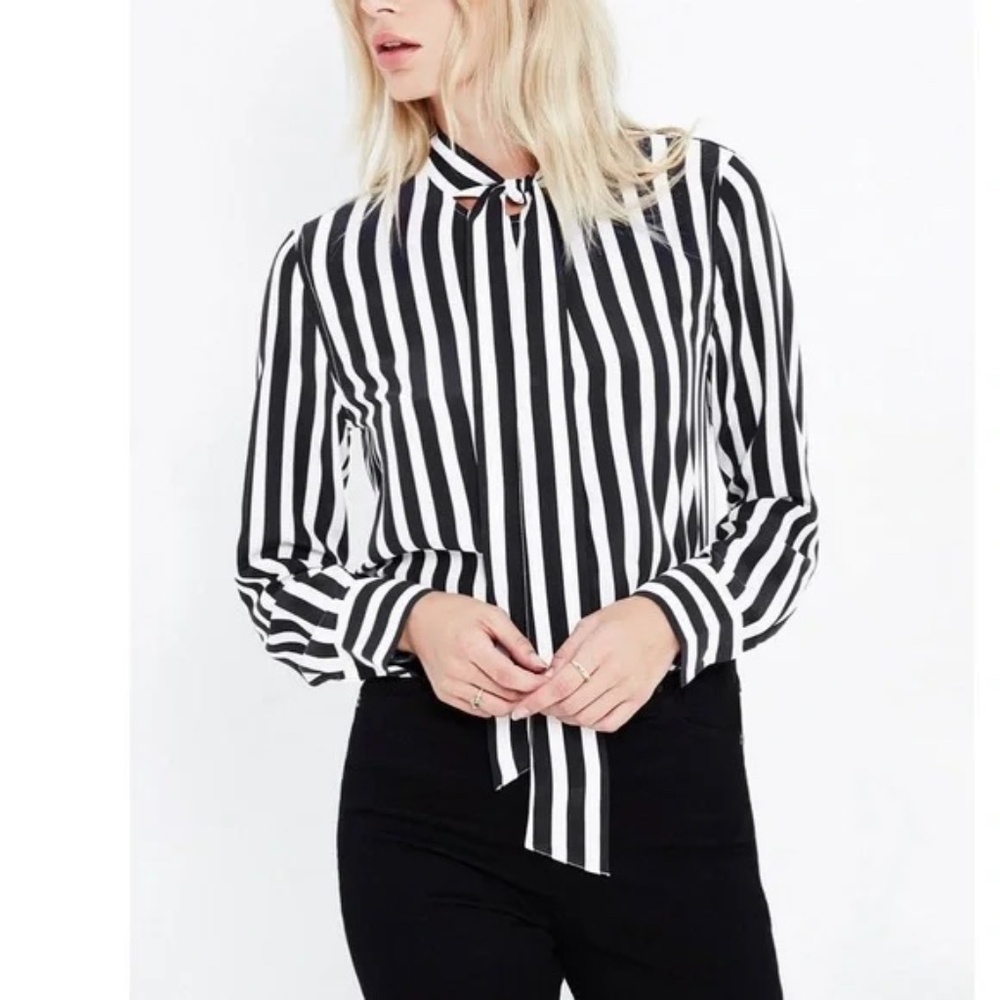 AG Navy & White Striped 100% Silk Arley Shirt Blouse Bow Front Tie Top XS